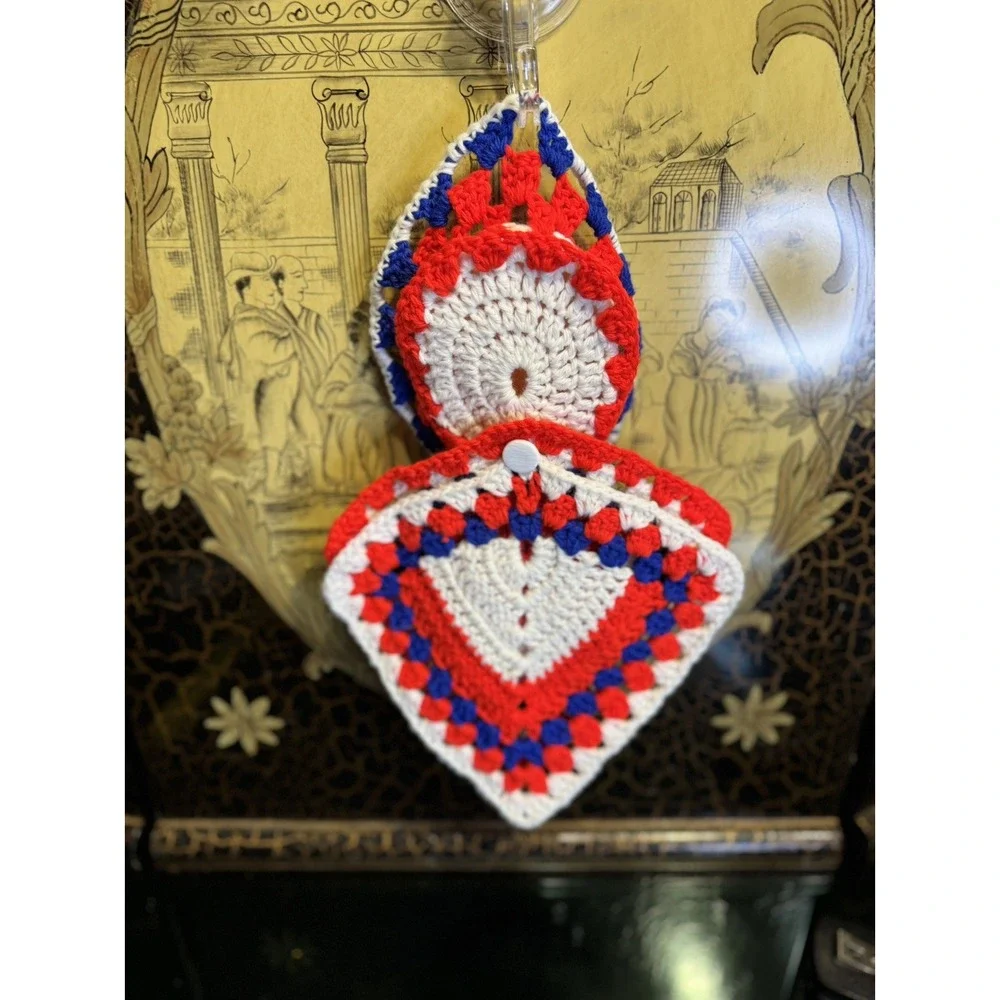 Kewpie Doll Crochet Potholder Set | Handmade Red White & Blue | Americana